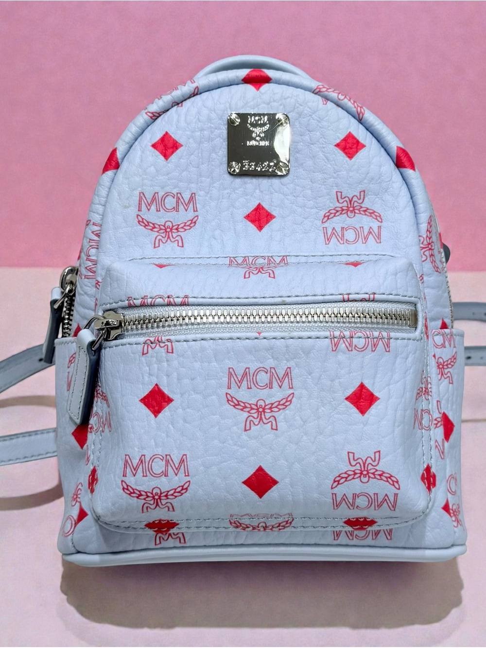 MCM Visetos Stark Backpack Size Mini Leather Blue Pink Adjustable Strap
